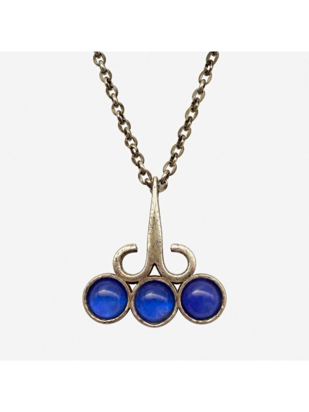 Stewart John Wilson SJW Modernist MCM Pewter Blue Cat Eye Pendant Necklace